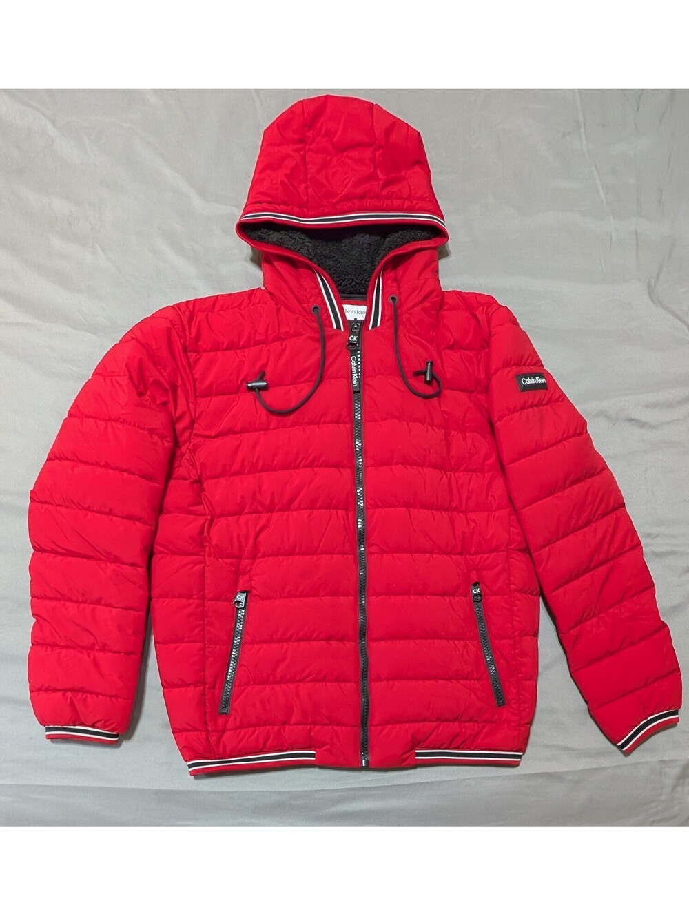 Calvin Klein Men's Hooded Puffer Jacket Red Size M Sherpa Hood Sorona Aura